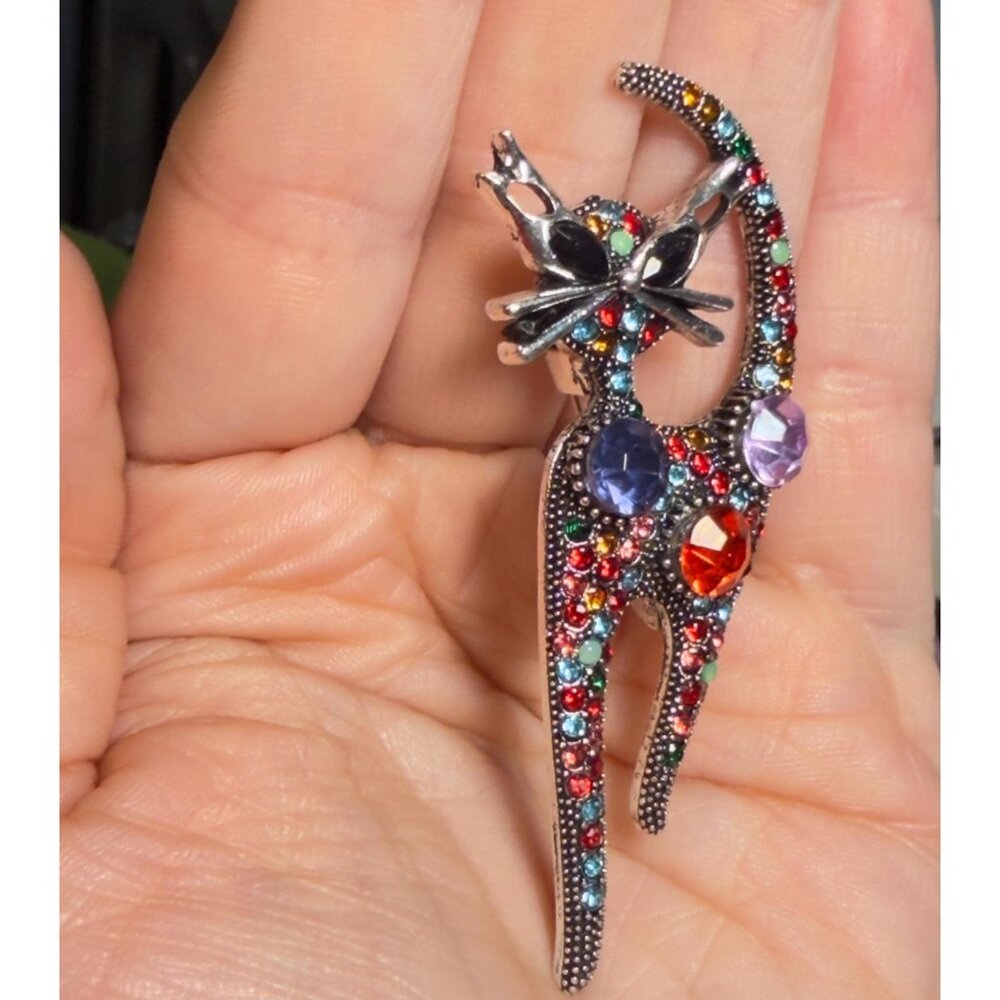 Cat Brooch Multicolor Rhinestone Statement Pin 2.5” - Picture 3 of 5
